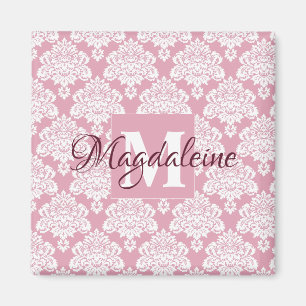Dusty Ro Rosa Damask Monogram med Namn Magnet