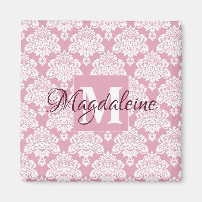 Dusty Ro Rosa Damask Monogram med Namn Magnet (Framsidan)