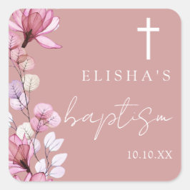 Dusty Ro Rosa Elegant Modern Blommigt Baptism Fyrkantigt Klistermärke