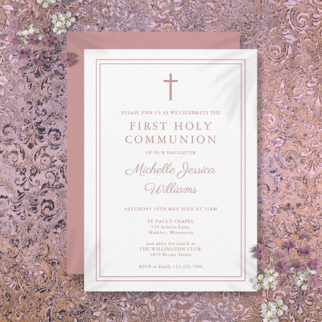 Dusty Ro Rosa Gräns First Heliga Communion Inbjudningar (Dusty Rose Pink Border First Holy Communion Invitation)