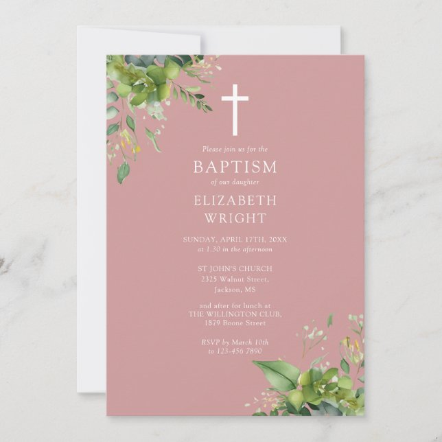 Dusty Ro Rosa Greenery Monogram Baptism Inbjudningar (Framsida)