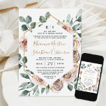 Dusty Ro Rosa Mauve Greenery Blommigt Guld Bröllop Inbjudningar<br><div class="desc">Utformningen har ett utskrivet geometriskt ram med färgad i guld med vattenfärg i elegant,  damm/muterat ro i skuggor av rosa,  mauve,  lila med mera. Baksidan har också en passande blommigt och inslag som passar perfekt för framsidan. Med det här alternativet kan du välja namn för både brud och trimma.</div>