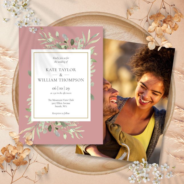 Dusty Ro Rosa Mauve Greenery Photo Bröllop Inbjudningar (Dusty Rose Pink Mauve Greenery Photo Wedding Invitation)