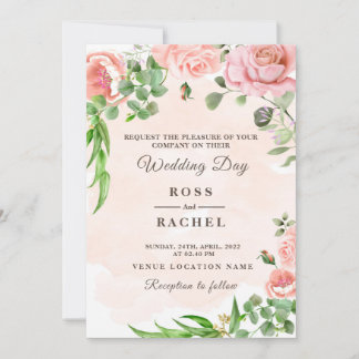 Dusty Ro Rosa och Guld Blommigt Greenery Bröllop I Inbjudningar