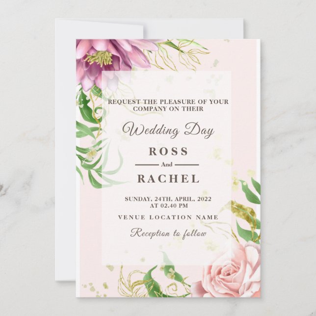 Dusty Ro Rosa och Guld Blommigt Greenery Bröllop I Inbjudningar (Framsida)