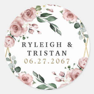 Dusty Ro Rosa och Guld Blommigt Greenery Bröllop Runt Klistermärke