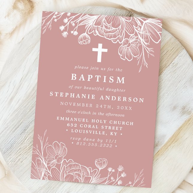Dusty Ro Rosa och vit Blommigt Baptism Inbjudningar (Skapare uppladdad)