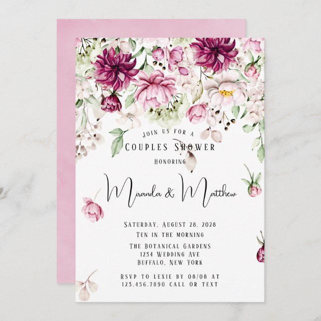 Dusty Ro &  Rosa Paint Peony Par Shower Inbjudningar (Fram/baksida)
