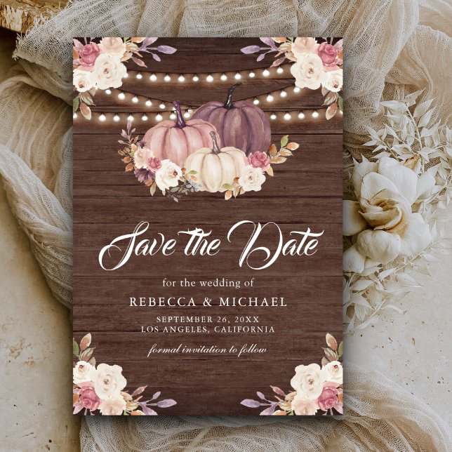 Dusty Ro Rosa Pumpkin Blommigt Wood Bröllop Spara Datumet (Skapare uppladdad)