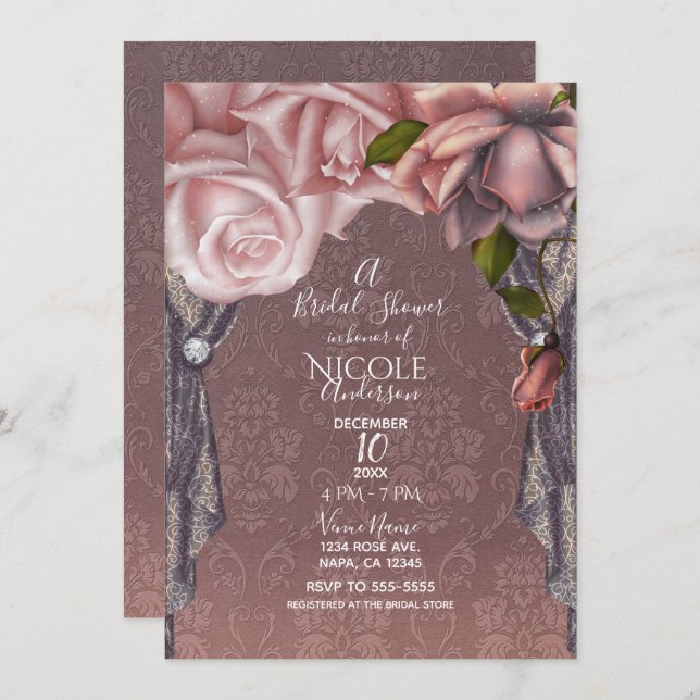 Dusty Ro  Rosa ros Vintage Möhippa Inbjudningar (Fram/baksida)