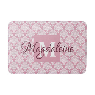 Dusty Ro Rosa Vintage Damask Monogram & Namn Badrumsmatta