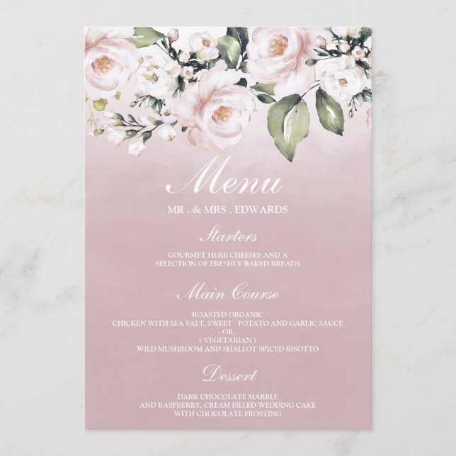 Dusty Ro Rosa  Watercolor Birthday Bröllop  Meny (Framsida)