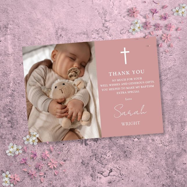 Dusty Ro Script Modern Photo Baptism Christening Tack Kort (Dusty Rose Script Modern Photo Baptism Christening Thank You Card)
