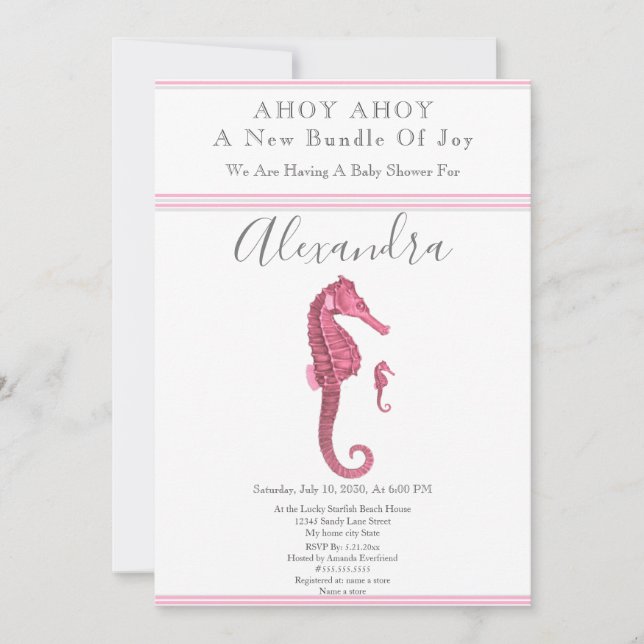 Dusty Ro Seahorse Rosa Girl Blommigt Baby Shower (Framsida)