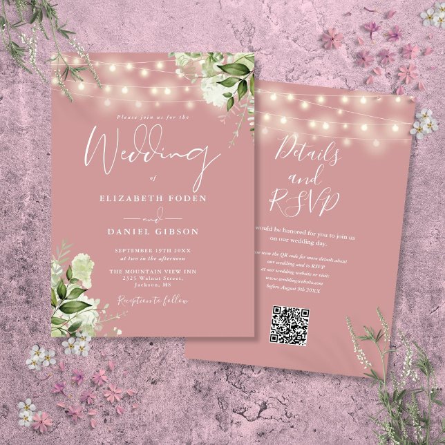 Dusty Ro String Ljus Blommigt QR-koden Bröllop Inbjudningar (Dusty Rose String Lights Floral QR Code Wedding Invitation)
