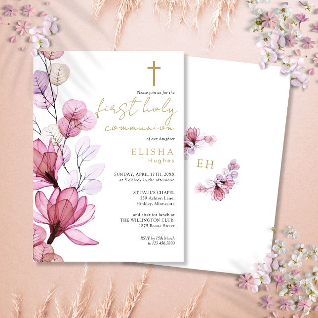 Dusty Ro Transparent Blommigt First Heliga Communi Inbjudningar (Dusty Rose Transparent Floral First Holy Communion Invitation)