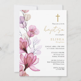 Dusty Ro Transparent Blommigt Monogram Baptism Inbjudningar