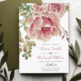 Dusty ro vattenfärgsblommor, typografi bröllop inbjudningar
