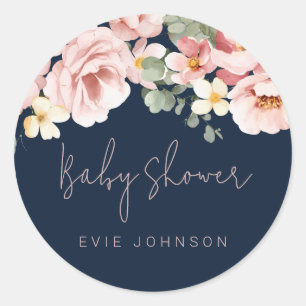 Dusty Ro Watercolor Blommigt Baby Shower Navy Runt Klistermärke