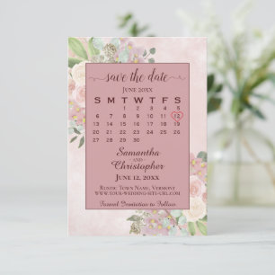 Dusty Ro Watercolor Blommigt Bröllop Kalender Spara Datumet