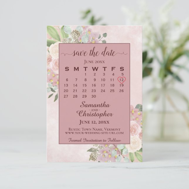 Dusty Ro Watercolor Blommigt Bröllop Kalender Spara Datumet (Stående Fram)