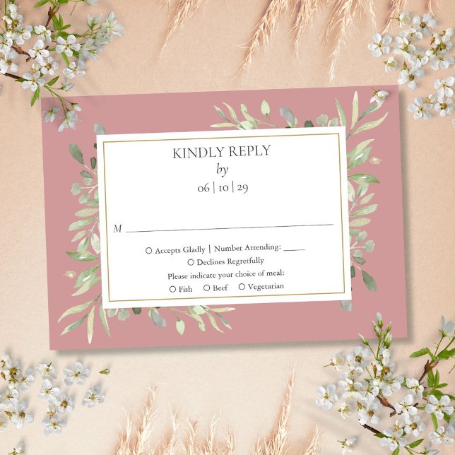 Dusty Ro Watercolor Greenery Guld Bröllop OSA Kort (Dusty Rose Watercolor Greenery Gold Wedding RSVP Card)