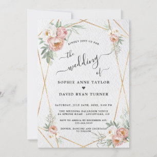 Dusty Ro White Blommigt Guld Calligraphy Bröllop Inbjudningar
