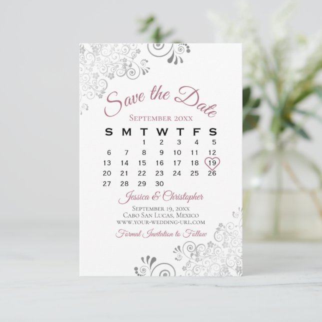 Dusty Ro & White Simple Elegant bröllop Calendar Spara Datumet (Stående Fram)
