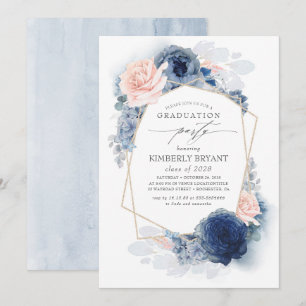 Dusty Rosa and Navy Blue Blommigt Ombre Studenten Inbjudningar