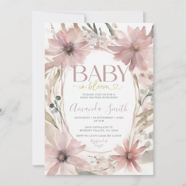 Dusty Rosa Baby i Bloom Flowers Girl Baby Shower Inbjudningar (Framsida)