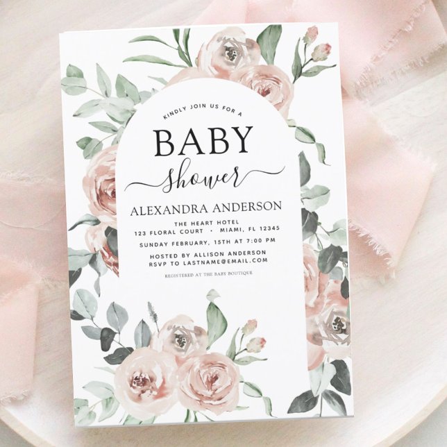 Dusty Rosa Baby Shower Blommigt Greenery-inbjudan Inbjudningar (Skapare uppladdad)