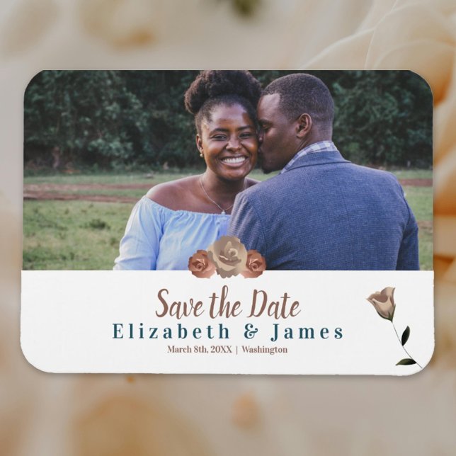 Dusty Rosa, Beige Ro Spara datum magneter (Simple Couple's Engagement Magnet Save the Date for Wedding Botanical Roses Beige Teal)