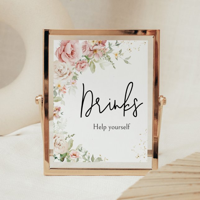 Dusty Rosa Blommig Bebis Badrums Drycker Poster (Dusty Pink Floral Greenery Baby Shower Drinks Sign)