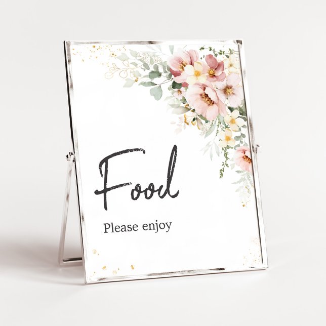 Dusty Rosa Blommig Grönska Barnkalas Mat Poster (Dusty Pink Floral Baby Shower Food Sign )