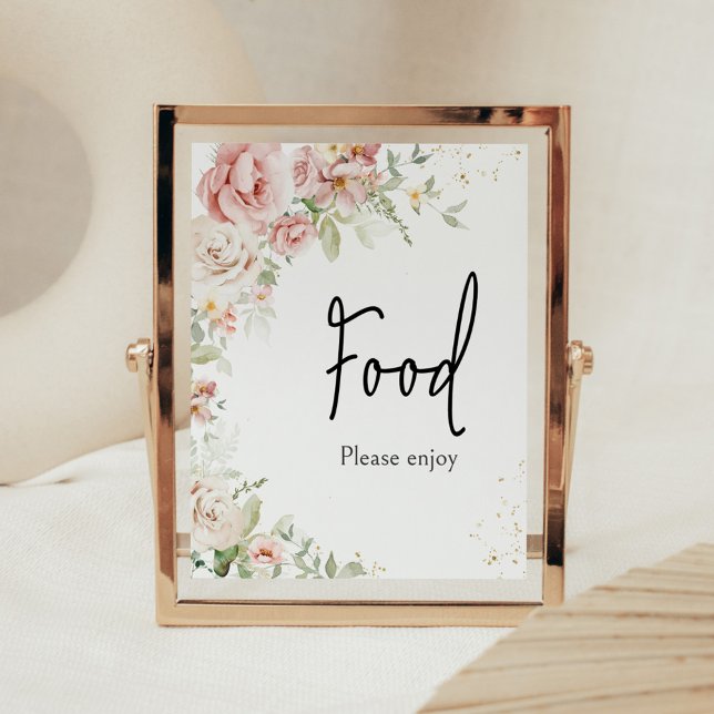 Dusty Rosa Blommigt Baby Shower Food Poster (Dusty Pink Floral Greenery Baby Shower Food Sign)