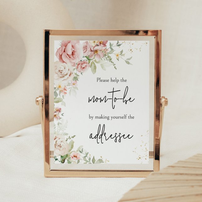 Dusty Rosa Blommigt Baby Shower Kuvert Station Poster (Dusty Pink Floral Greenery Baby Shower Envelope Station Sign)