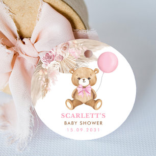 Dusty Rosa Blommigt Boho Nalle Baby Shower Runt Klistermärke
