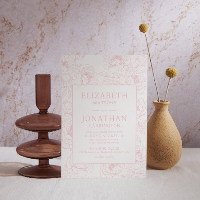 Dusty Rosa Blommigt Bröllop Inbjudningar (Dusty Pink Minimalist Floral Wedding Invitation)