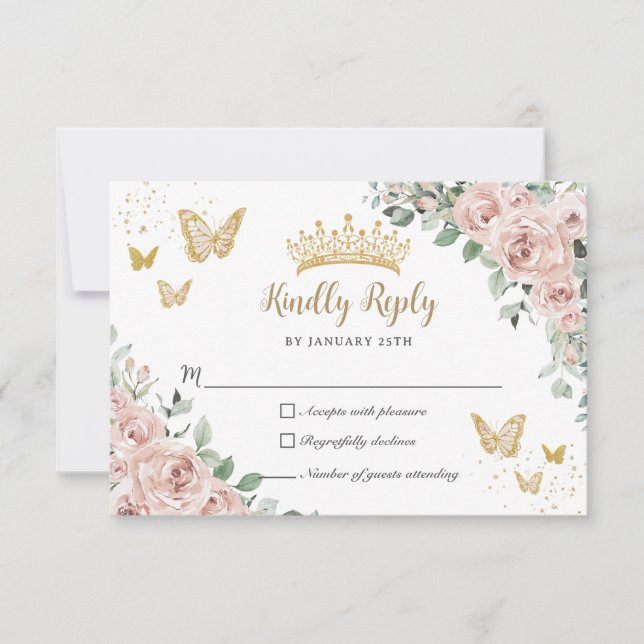 Dusty Rosa Blommigt Butterflies Guld Quinceañera OSA Kort (Framsida)