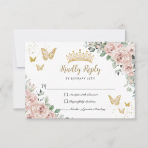 Dusty Rosa Blommigt Butterflies Guld Quinceañera OSA Kort