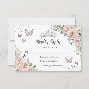 Dusty Rosa Blommigt Butterflies Silver Quinceañera OSA Kort