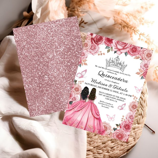 Dusty Rosa Blommigt Butterfly Twin Girl Quinceaner Inbjudningar (Skapare uppladdad)