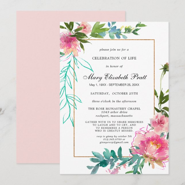Dusty  Rosa Blommigt Firande of Life Invita Inbjudningar (Fram/baksida)