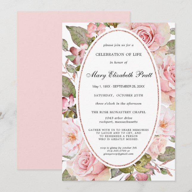 Dusty  Rosa Blommigt Firande of Life Invita Inbjudningar (Fram/baksida)