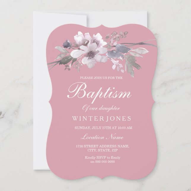 Dusty Rosa Blommigt Flicka Baptism Christening Inbjudningar (Framsida)