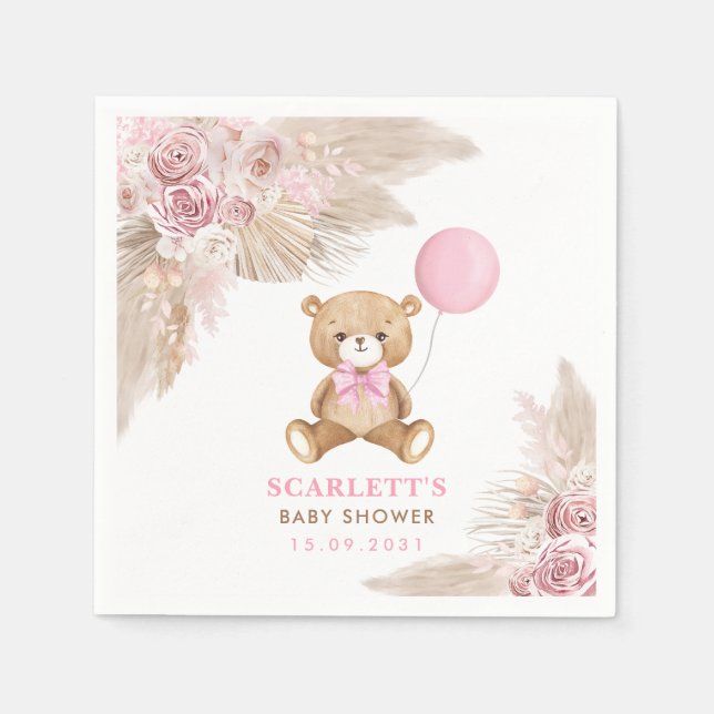 Dusty Rosa Blommigt Girl Boho Nalle Baby Pappersservett (Framsidan)
