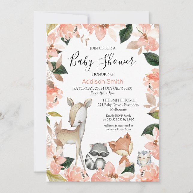 Dusty Rosa Blommigt Girls Woodland Baby Shower Inv Inbjudningar (Framsida)