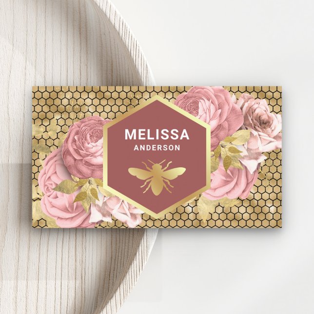 Dusty Rosa Blommigt Gold Foil Honeycomb honey Bee Visitkort (Skapare uppladdad)