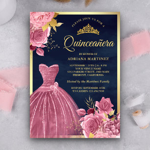 Dusty Rosa Blommigt Gown Navy Blue Guld Quinceaner Inbjudningar