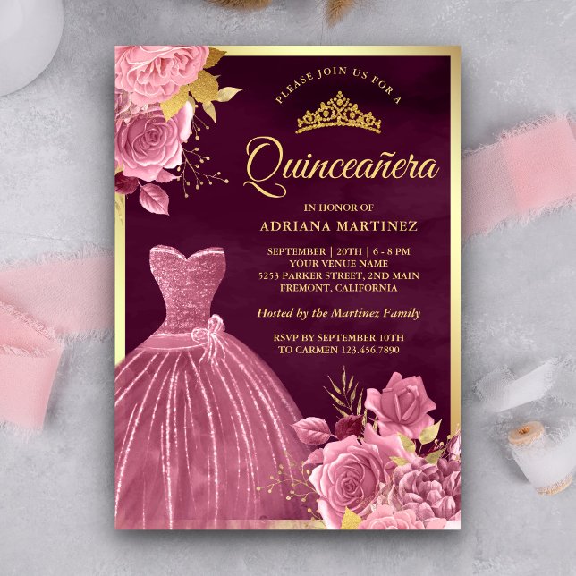 Dusty Rosa Blommigt Gown Plum Guld Quinceanera Inbjudningar (Skapare uppladdad)